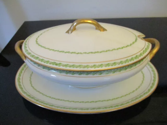 Antique GDA Limoges French Porcelain Green Laurel Gold Gilt Gravy Sauce Boat!