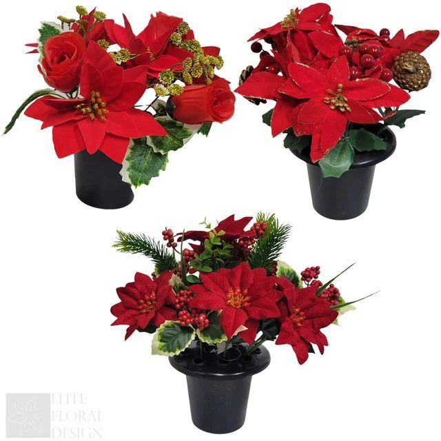 Christmas Grave Memorial Pots Artificial Poinsettia Holly Rosebud Pine Cones