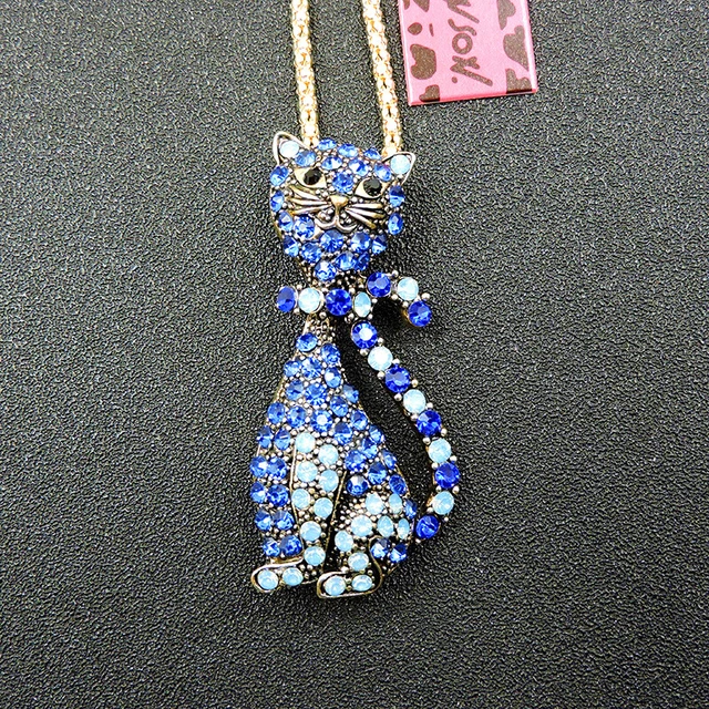 Betsey Johnson Blue Crystal Cute Cat Pendant Necklace Sweater Chain/Brooch