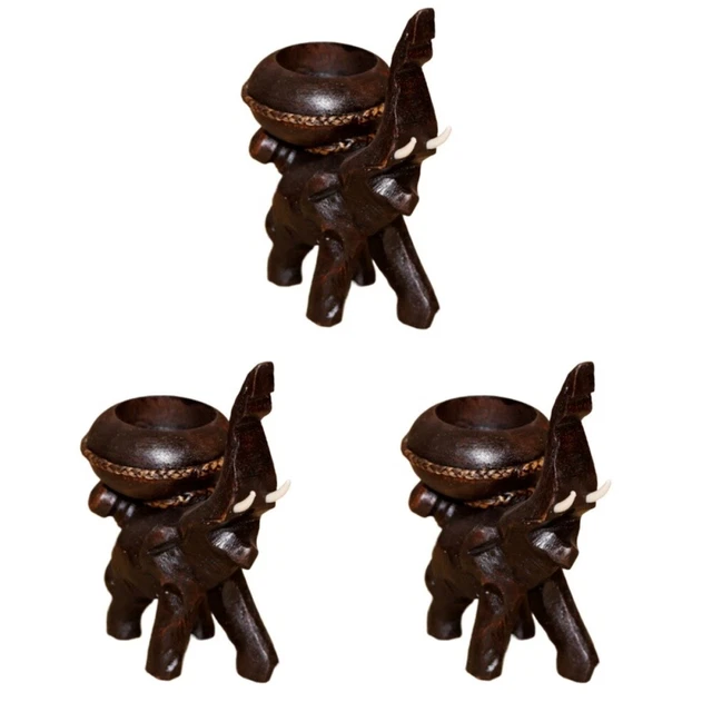 3x Votiv Candelabro Elefante Estatua Figuras Madera Portavelas