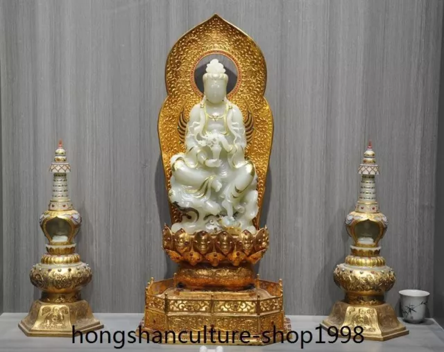 25" Certified 100% natural hetian jade 24k gold GuanYin goddess pagoda Tower set