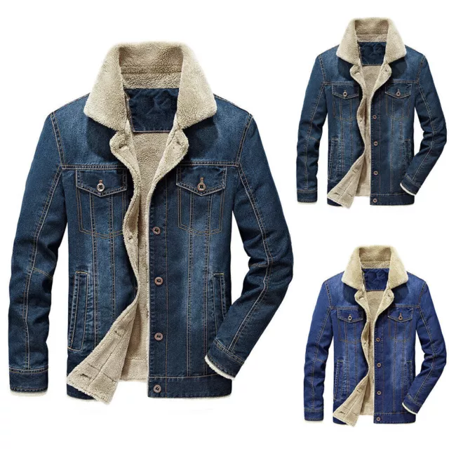 Mens Jean Jacket Denim Faux Fur Collar Coat Fleece Lined Winter Warm Outwear