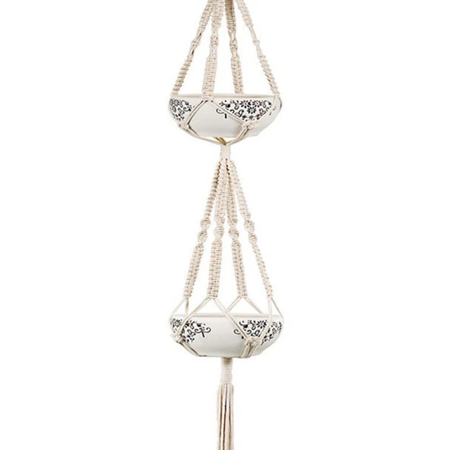 2 stücke Zarte Macrame Doppelpflanzenaufhänger Indoor Outdoor Hängende Pflanzer