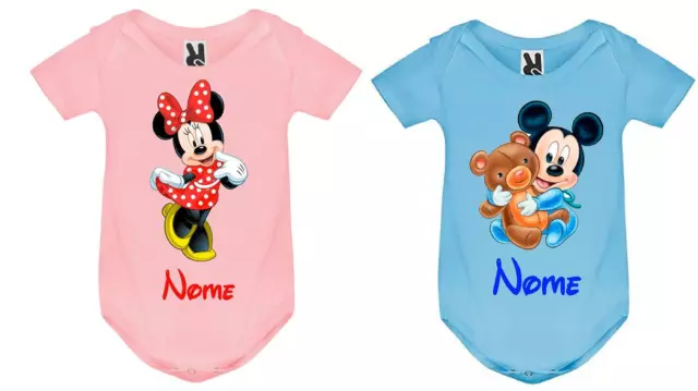 body tutina bimbi rosa azzurro neonato Stampa minnie topolino disney + nome