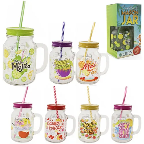 Cocktail Jam Jar Glasses With Handle Lid Straw Juice Drink 500Ml Glass Drinking