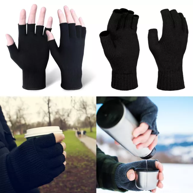 Mens & Womens Plains Fingerless Gloves Thermal Knitted Winter Warm Half Fingers