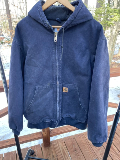 Carhartt Men XL J130 Blue Canvas Quilted Lined Insulated Hooded Warm Work Jacket