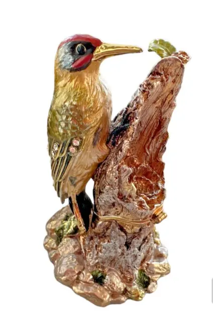 Woodpecker Bird Bejeweled Hand Painted Enamel & Austrian Crystals Trinket Box.