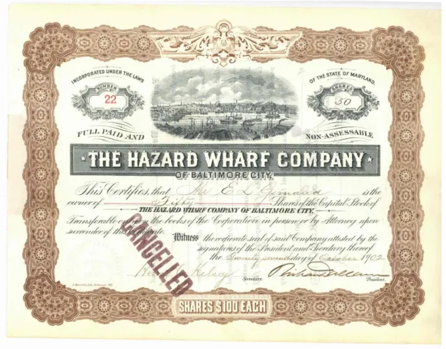 Hazard Wharf Company. Stock Certificate. Maryland. 1902