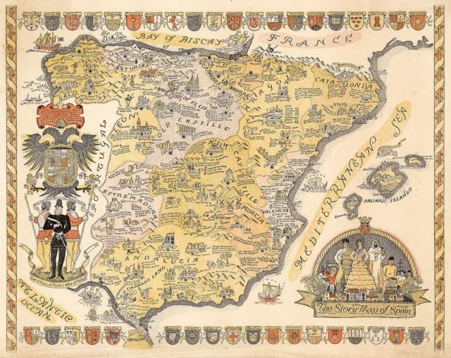 Pictorial Story Map of Spain Wall Art Poster Print Decor Vintage Style History