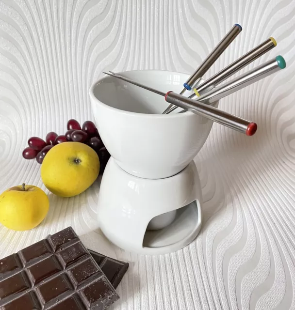 🔅 SERVICE SET FONDUE au Chocolat en Céramique blanc ~~ Bougie et 4 Fourchettes