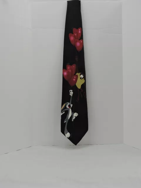 Looney Tunes  Mania 1995 Neck Tie Bugs Bunny Tasmanian Devil Black Red Hearts