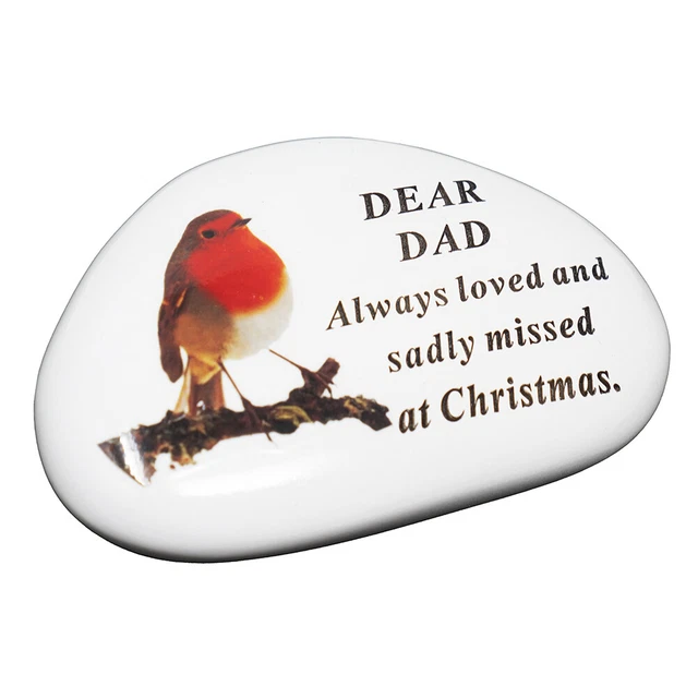 Dad Christmas Robin Memorial White Plaque Resin Stone Memento Tribute
