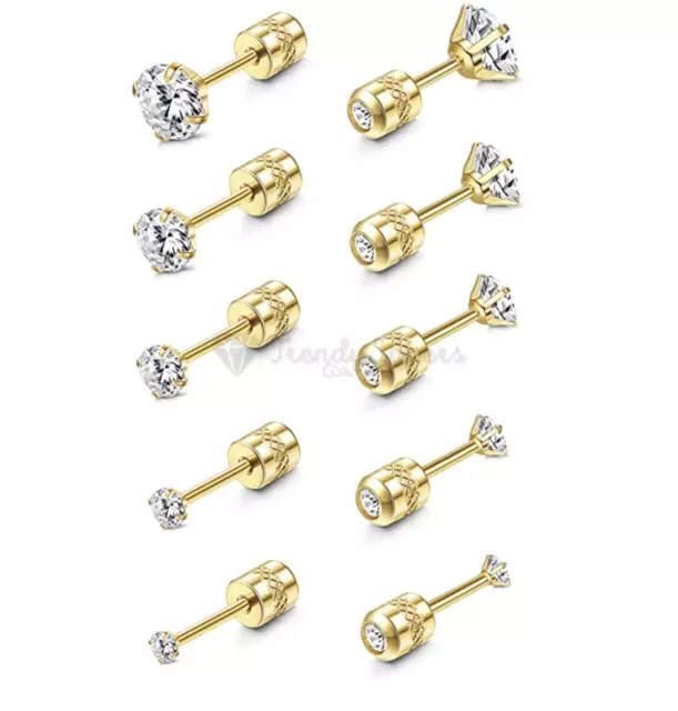 14K Yellow Gold Dipped Earrings Round Cubic Zirconia Ear Studs Surgical Steel