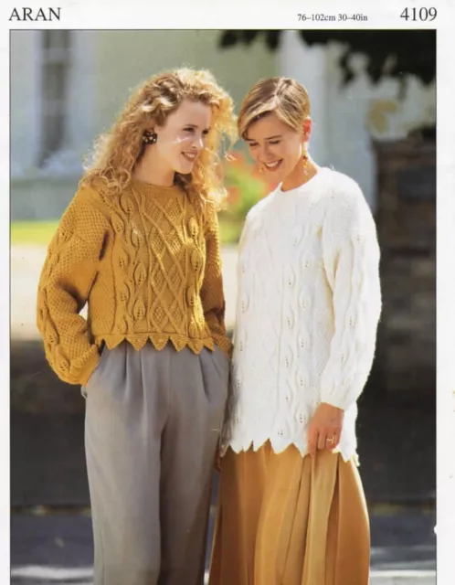 Knitting Pattern copy Aran cropped or longline sweater pointed hem 30-40" 158