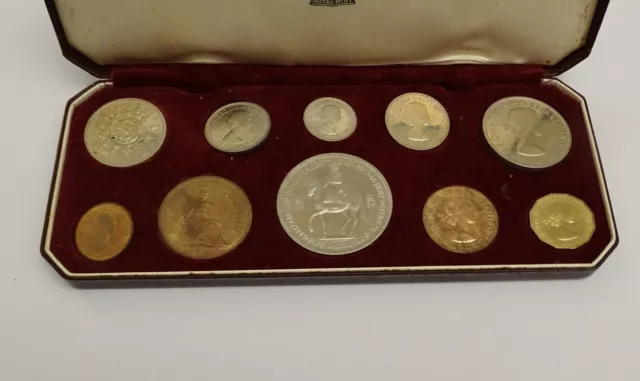 1953 Elizabeth II Coronation Proof 10 Coin Set Boxed Crown to Farthing