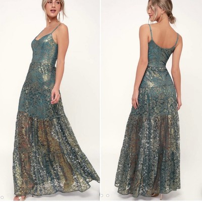 Dress The Population Lace Dress Green Gold Teal Antoinette Sz Small