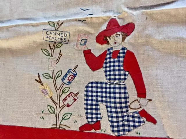 Vintage Hand Embroidered Kitchen Towel "Farmer Gal Growing Canned Peaches" 2