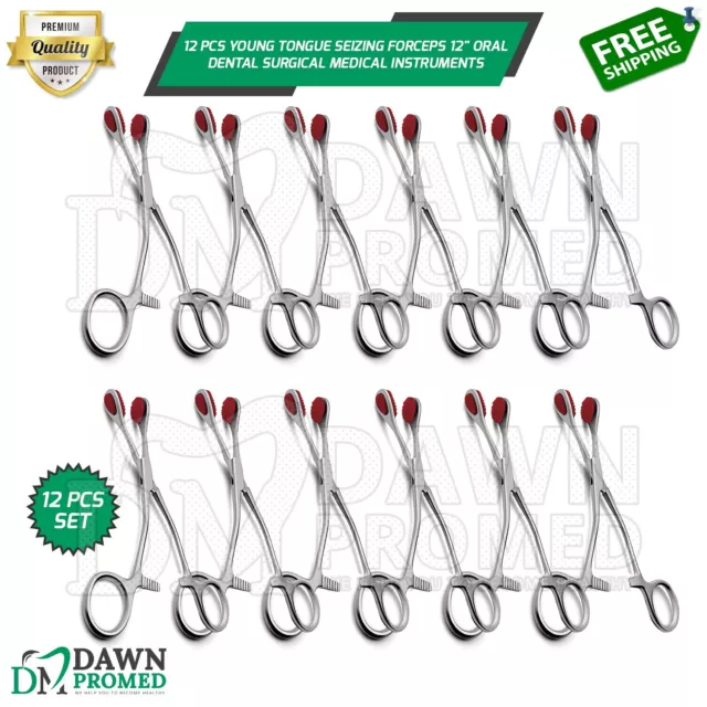 12 Pcs Young Tongue Seizing Forceps 7" Oral Dental Surgical Medical Instruments