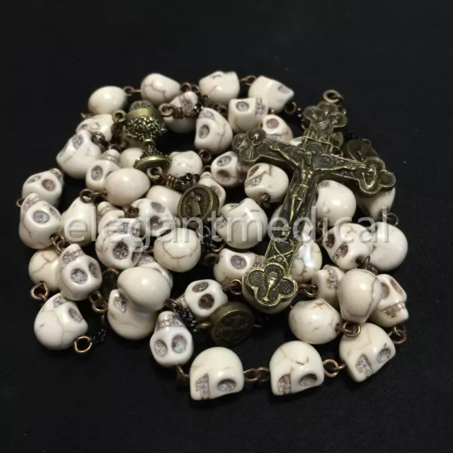 Catholic Vintage XL10MM howlite skull beads Rosary Cross crucifix Necklace GIFTS