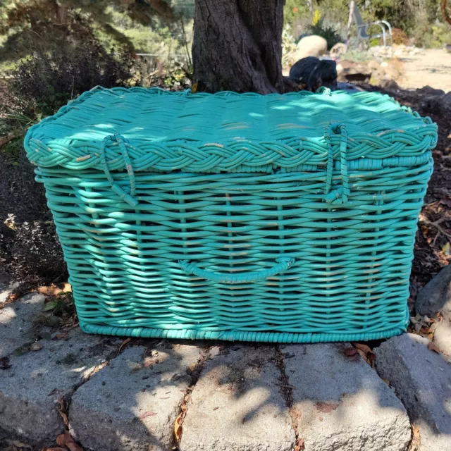 Vtg 23" Turquoise Wicker Rattan Chest Trunk Storage Mid Century Boho Shabby Chic