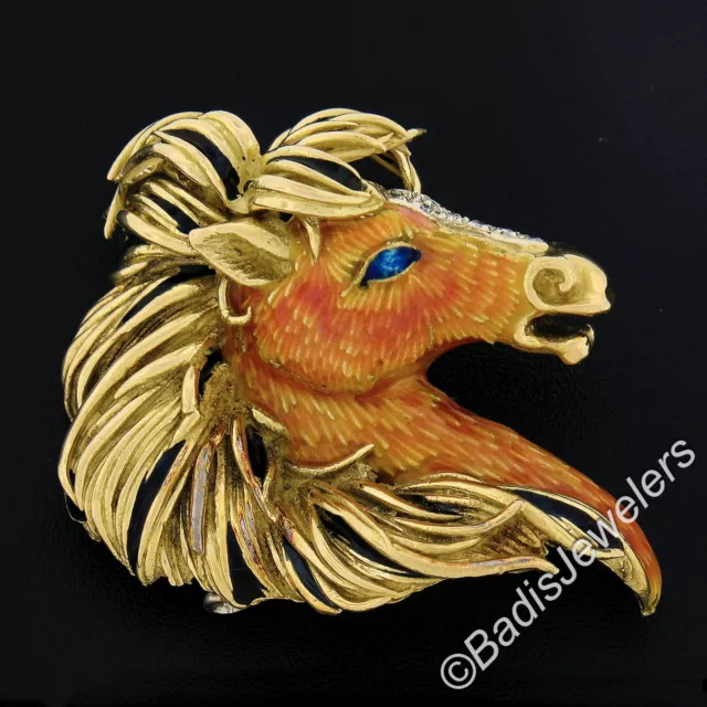 Frascarolo & Co.18K Gold Verziert Emaille 3D Pferd Kopf Pin Brosche W/Diamanten