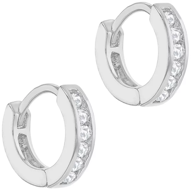 Rhodium Plated Clear CZ Small Hoop Huggie Earrings for Little Girls 10mm 2
