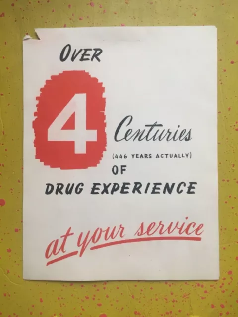 Vintage Drug Store pamphlet sign poster 4 Centuries of Drug Experience ephemera