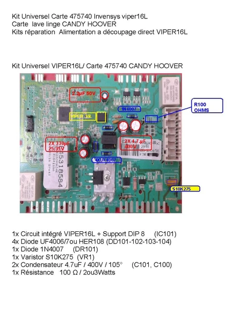1 KIT reparation Carte 475740 Invensys viper16L lave linge CANDY HOOVER ...