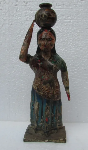 Antique Old Hand Carved Painted Wooden Tribal Lady With Pot Statue, Collectible