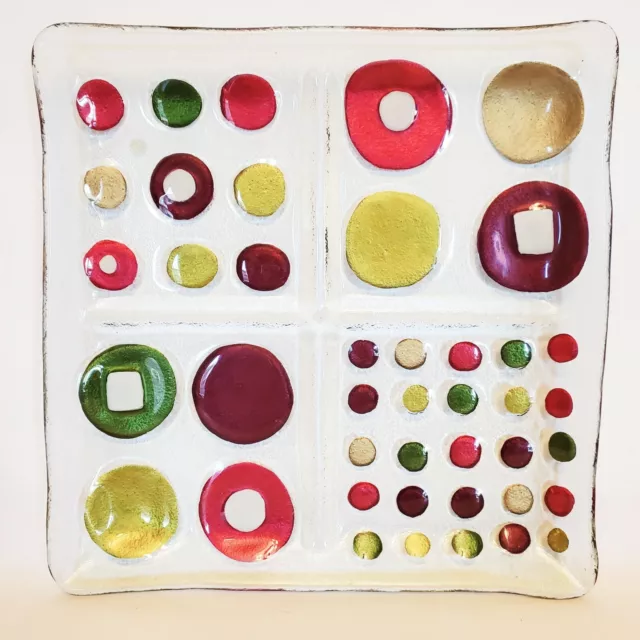 Fused Art Glass Divided Serving Tray Plate Decorative Modern Circles 11" Square