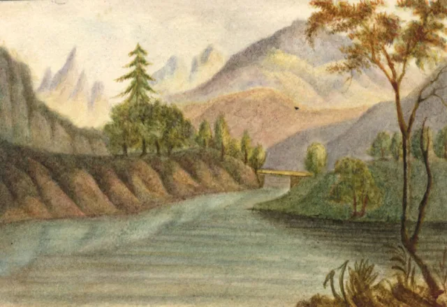 Miniature Continental River Landscape – mid-19th-century watercolour painting