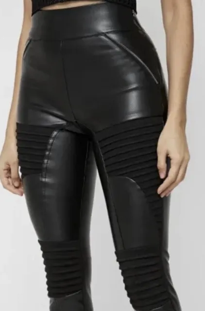 Maniere De Voir Vegan Leather Quilted Leggings Black Womens Size 0