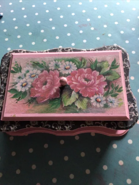 Hand Made Decoupage And Painted Wooden Box Pink Flowers