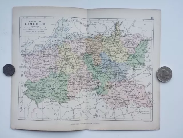 Antique County Map of LIMERICK , Ireland - Phillips Handy Atlas , 1882
