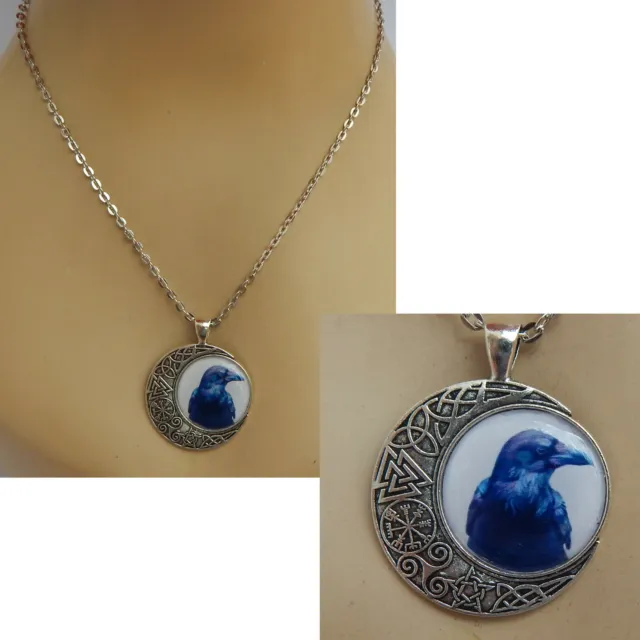 Raven Necklace Moon Pendant Bird Crow Silver Jewelry Halloween Handmade Fashion