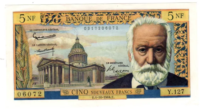 FRANCE Billet 5 NF NOUVEAUX FRANCS 01/10/1964 VICTOR HUGO 06072 Y127CRAQUANT SPL