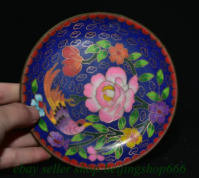 5.6" Old Chinese Bronze Cloisonne Dynasty Flower Bird Tray Plate Statue