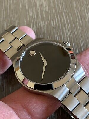 Movado Black Face Museum Watch Mens Silver Tone Swiss Made New Battery