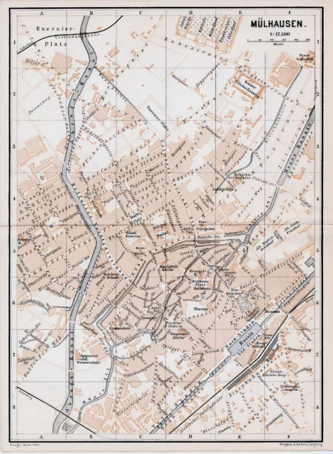 Mülhausen Mulhouse 1892 orig. Stadtplan + Reisef. (2 S.) Gänseplatz Neuquartier