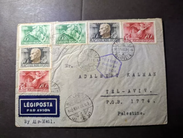 1940 Hungary Airmail Cover Budapest to Tel Aviv Palestine Adalbert Kalman