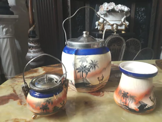 3 Items Antique Searlwhite , Biscuit Barrel, Musterd, Suger Desert Scene C1900