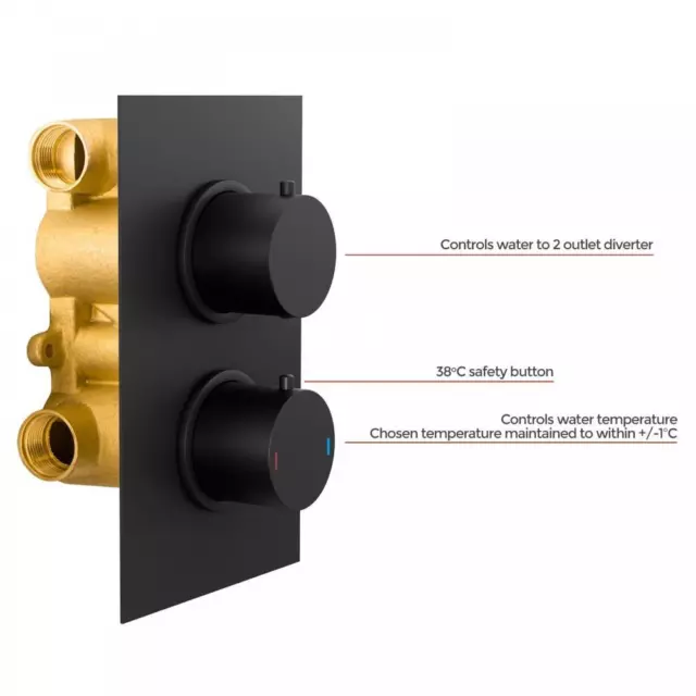 Matt Black Mixer Shower Valve 2  Way Round Concealed Thermostatic