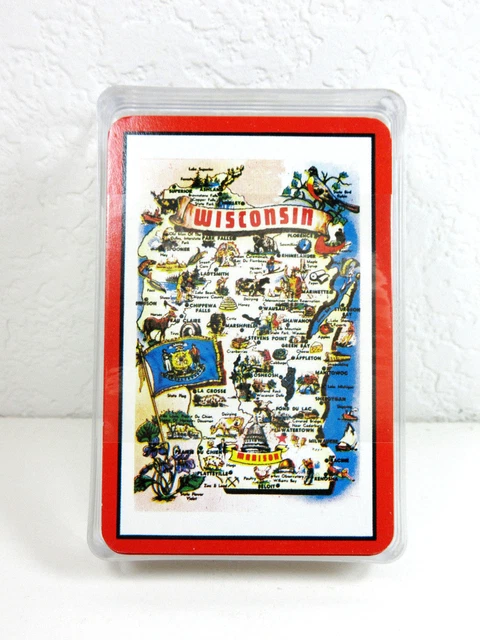Vintage Wisconsin Map Souvenir Playing Cards With Plastic Case Hong Kong Unused