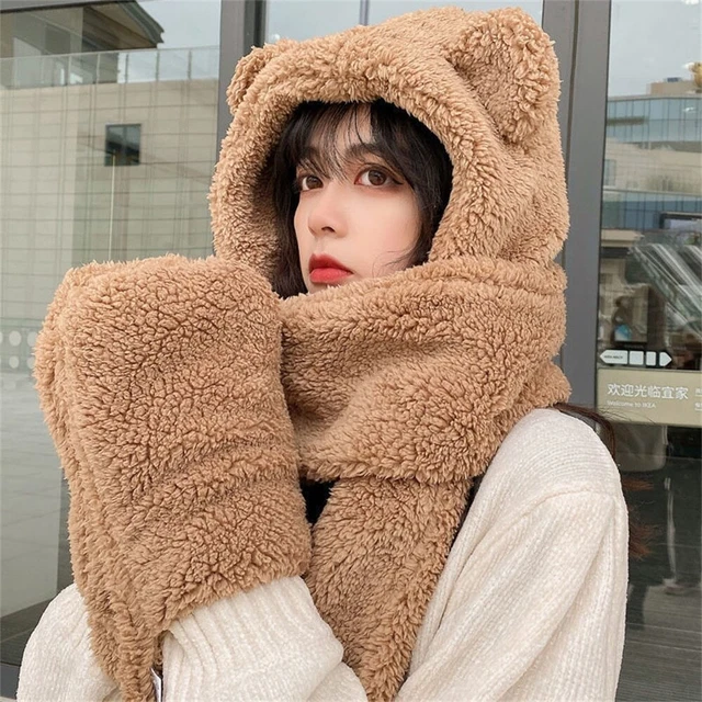 Conjunto De Guantes Y Gorros Con Orejas De Oso Para Mujer Cálidos Felpa Invierno