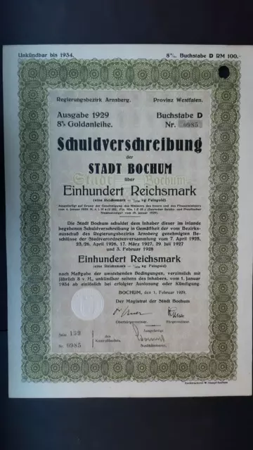 8 % Schuldverschreibung (Goldanleihe)  Stadt Bochum 100 RM 1929 Bochum