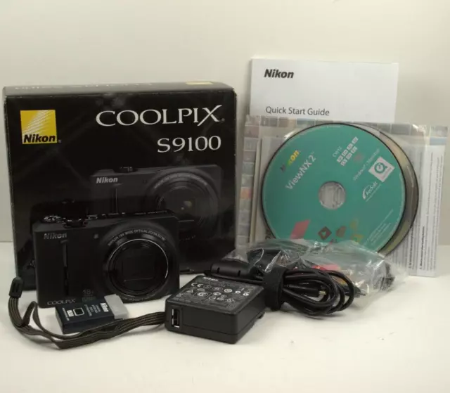 Nikon COOLPIX S9100 Compact Digital Camera 12.1 MP - Black Mint Open Box Tested