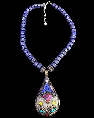 Rare antique Burmese lapis lazuli and silver necklace with enamelled cloisonné