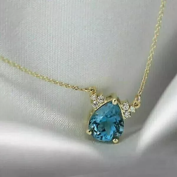 2CT PEAR CUT Lab Created Blue Topaz Pendant Necklace 14K Yellow Gold ...