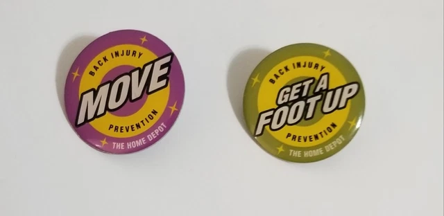 Set of 2 Pin HOME DEPOT Back Injury Prevention Vintage Pins Move, Get a Foot up